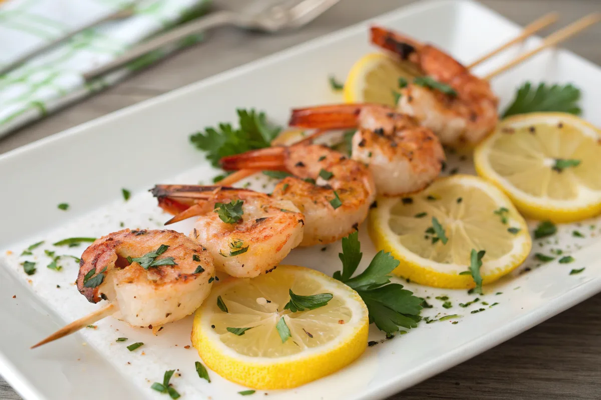 Grilled shrimp skewers with lemon and parsley on a white plate.