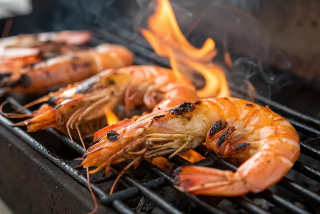 Shrimp cooking over open flames, showing grill marks.