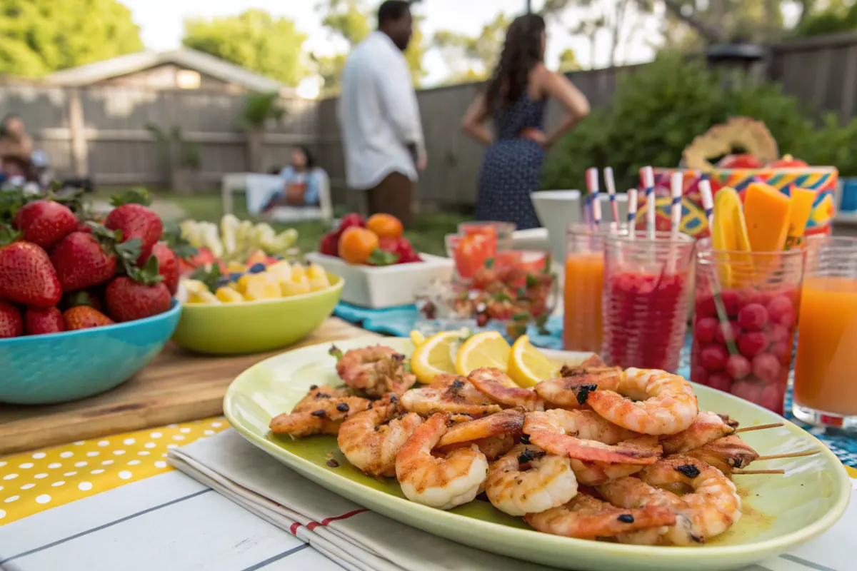 Grilled shrimp served at an outdoor summer party with fruits.