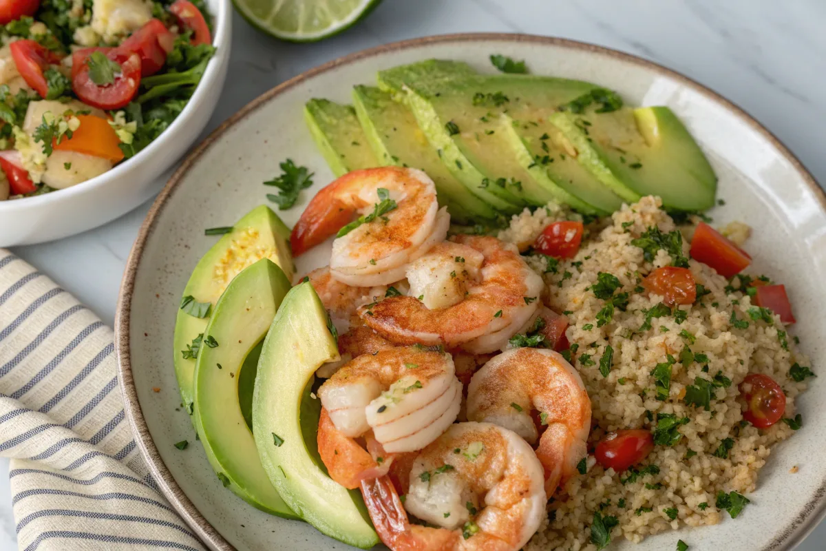 A healthy plate of grilled shrimp with quinoa and avocado.