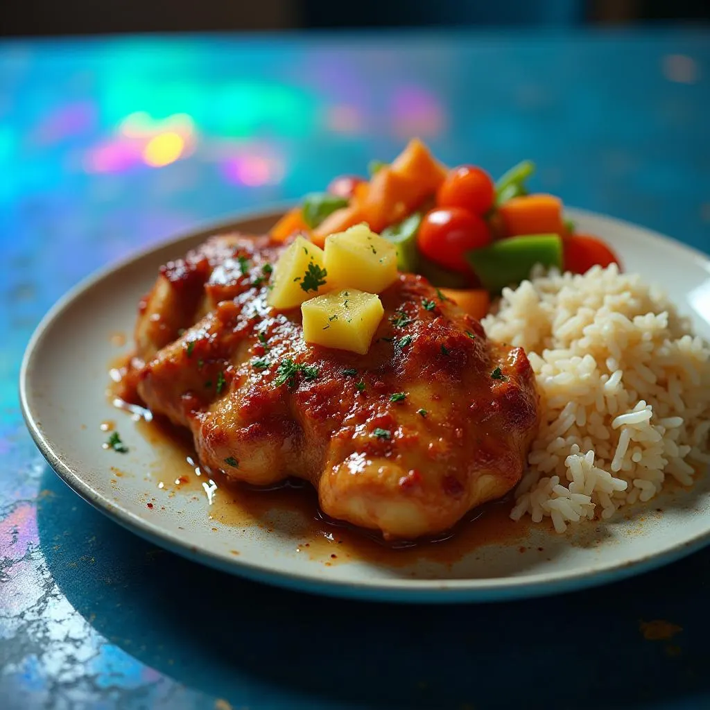 Sweet Hawaiian Chicken served over a bed of steamed rice with vegetables on the side