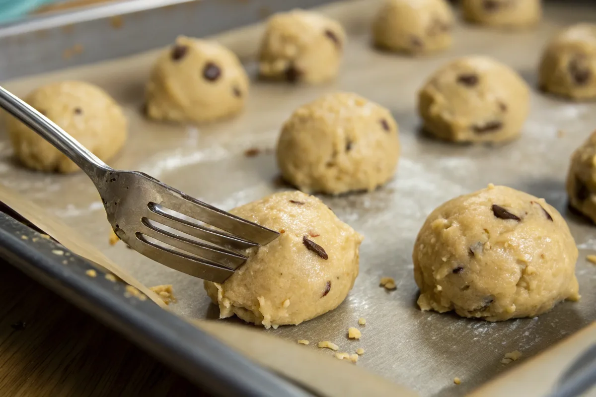 Peanut butter cookie dough on a baking sheet.