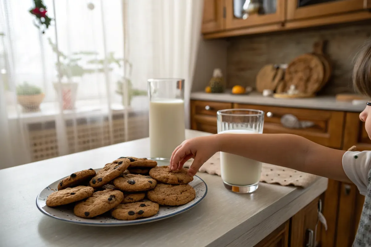 Cookies and milk in a cozy setting.