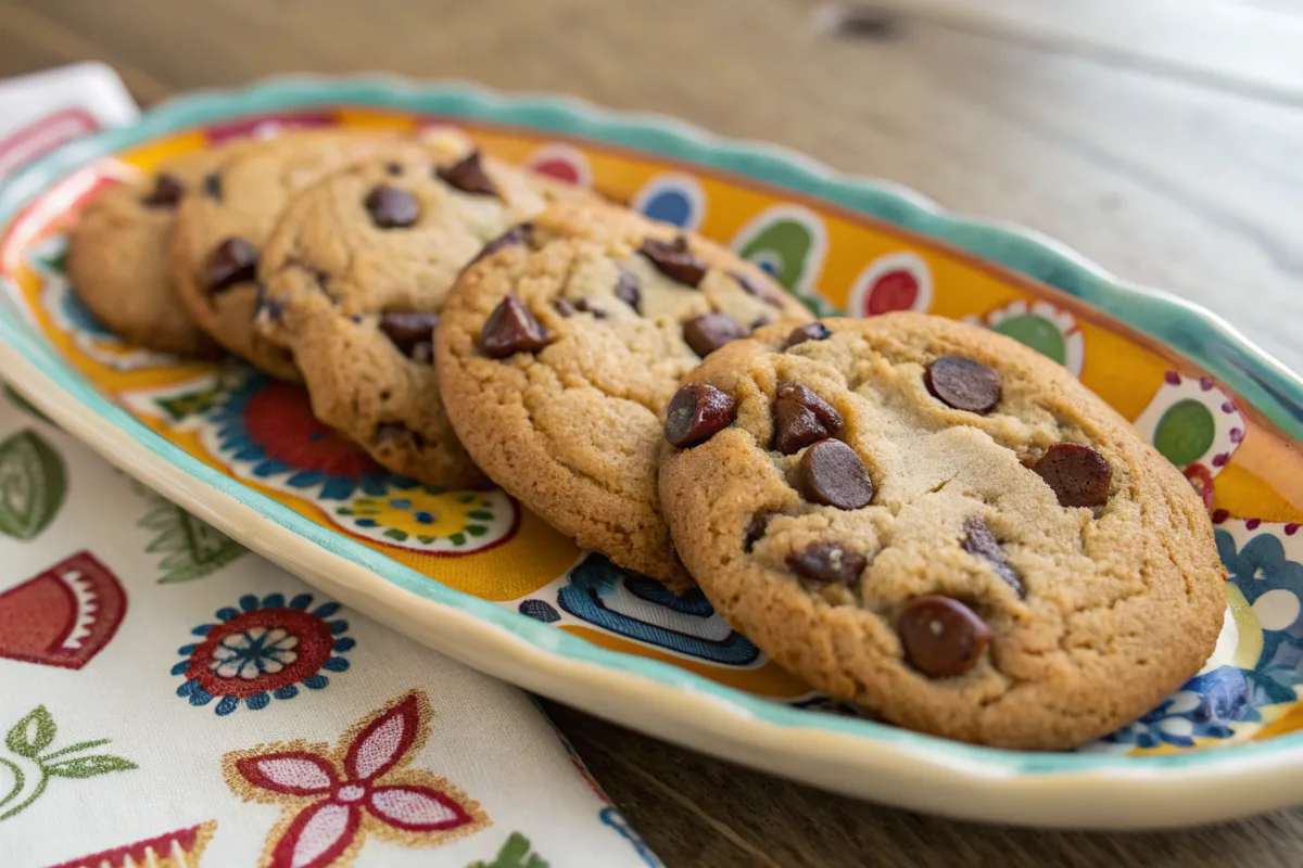 Peanut butter cookies with chocolate chips on a ceramic plate.