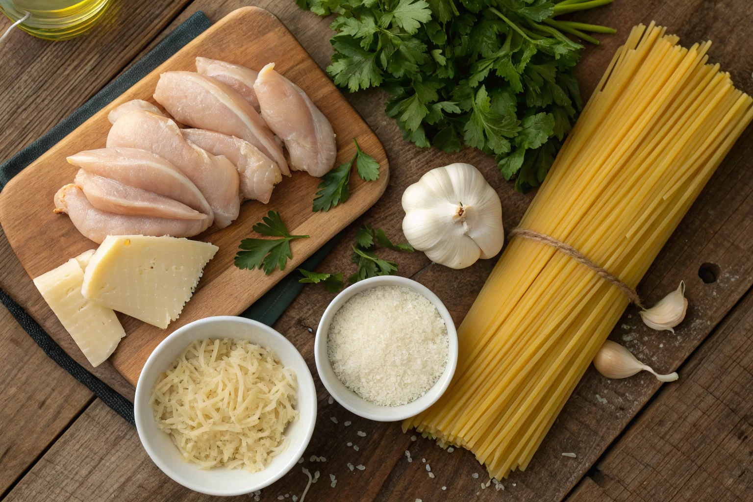 Ingredients for garlic parmesan chicken pasta on a wooden table.