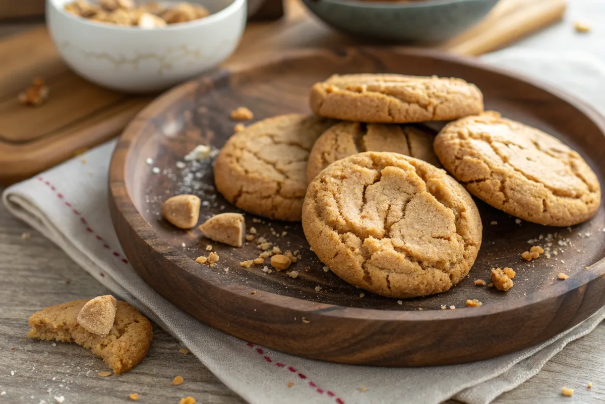 Freshly baked peanut butter cookies on a rustic plate.