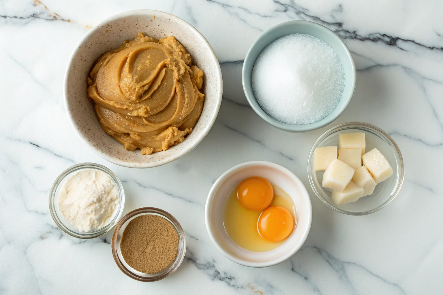 Peanut butter, sugar, egg, and vanilla on a marble surface