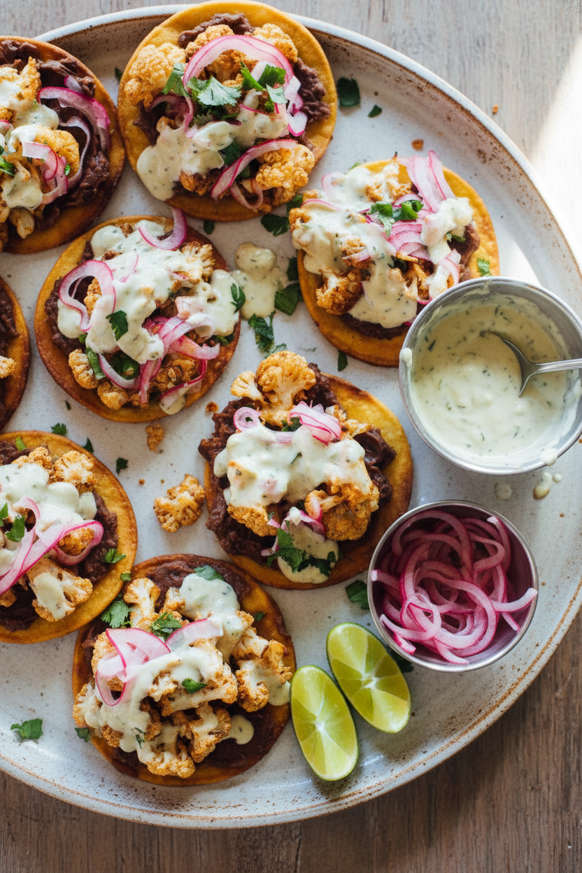 Cauliflower Black Bean Queso Tostadas Delight