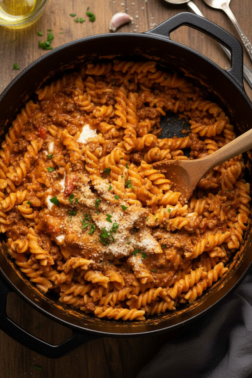 Creamy Tomato Beef Pasta in One Pot