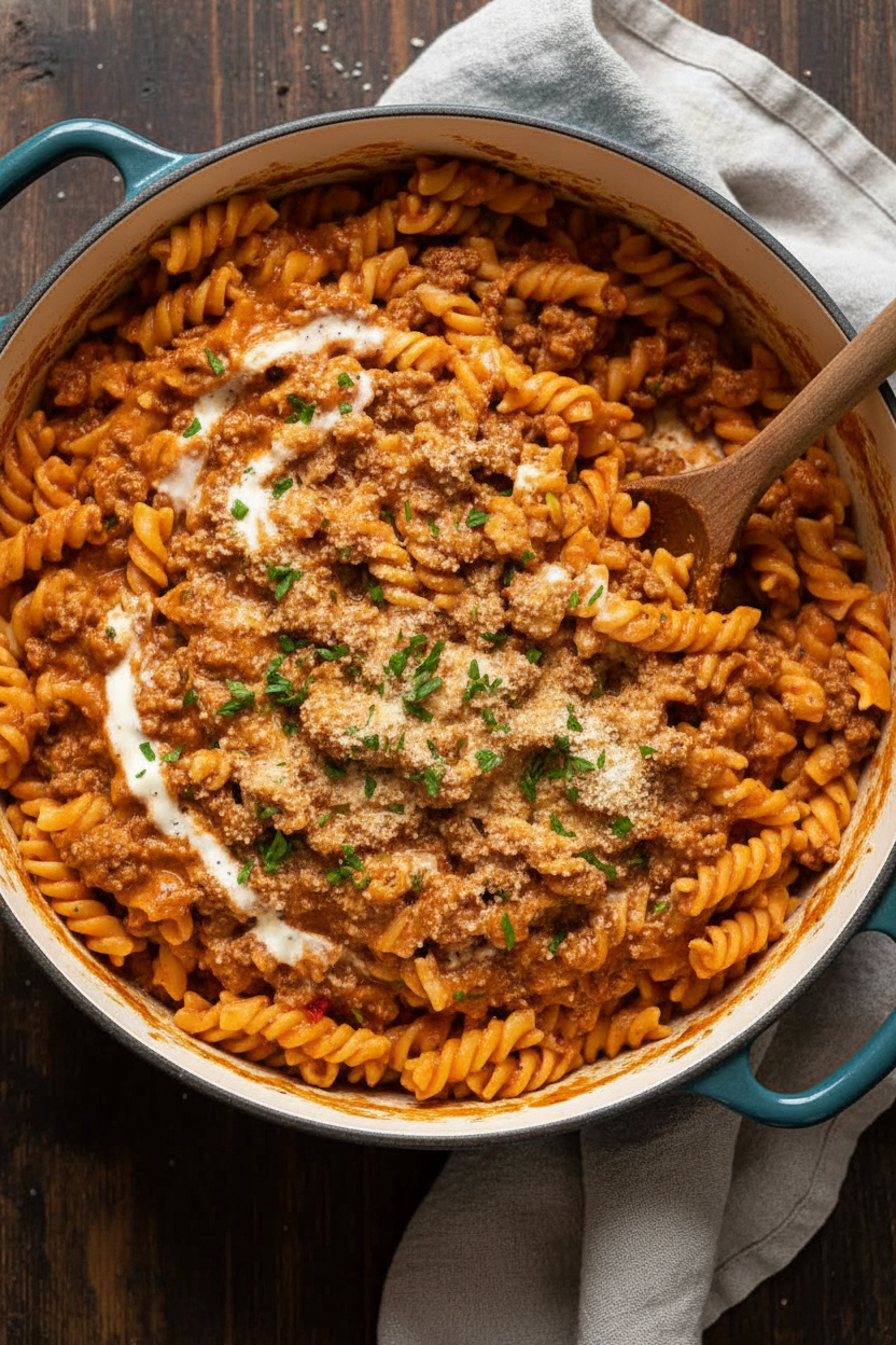 Creamy Tomato Beef Pasta in One Pot