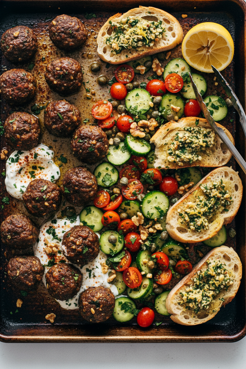 Savory Sheet Pan Meatballs with Fresh Tomato Salad