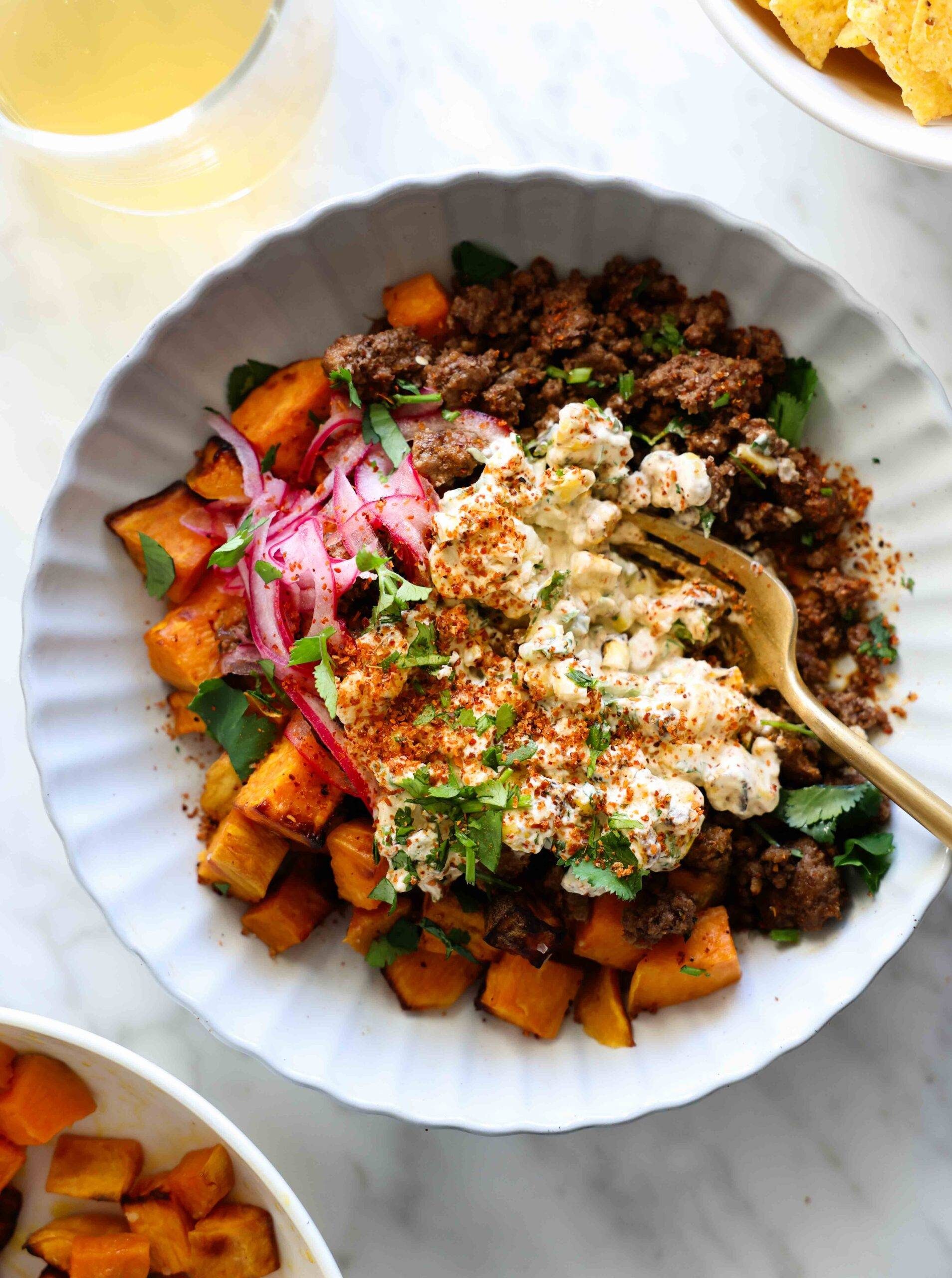 Savory Street Corn Beef Sweet Potato Bowl