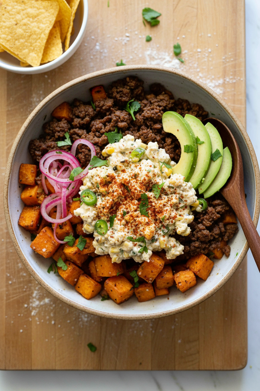 Savory Street Corn Beef Sweet Potato Bowl