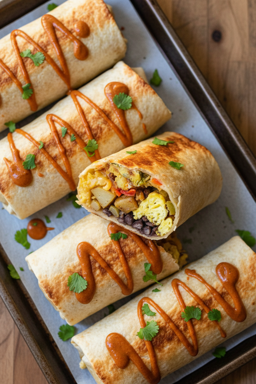 Sheet Pan Breakfast Burritos with Chipotle Sauce