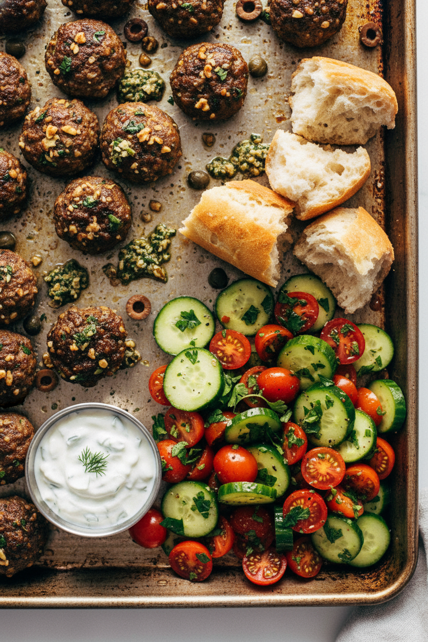 Sheet Pan Meatballs with Fresh Tomato Salad