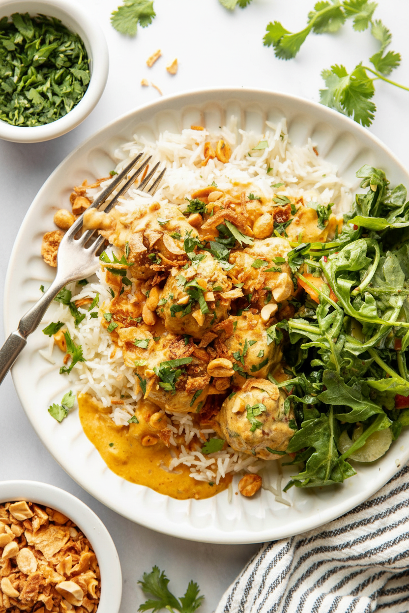 Yellow Curry Meatballs with Crunchy Peanut Topping