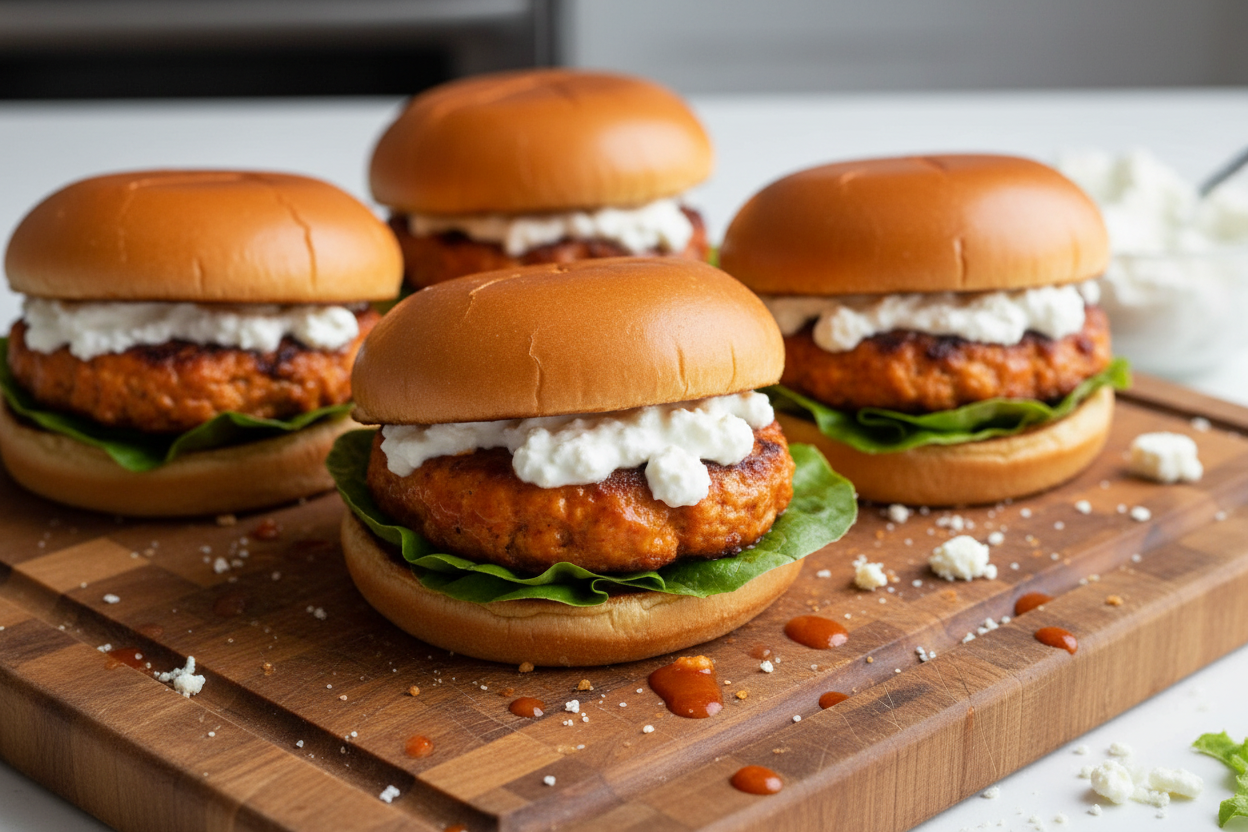 Buffalo Chicken Burgers with Feta Spread Recipe