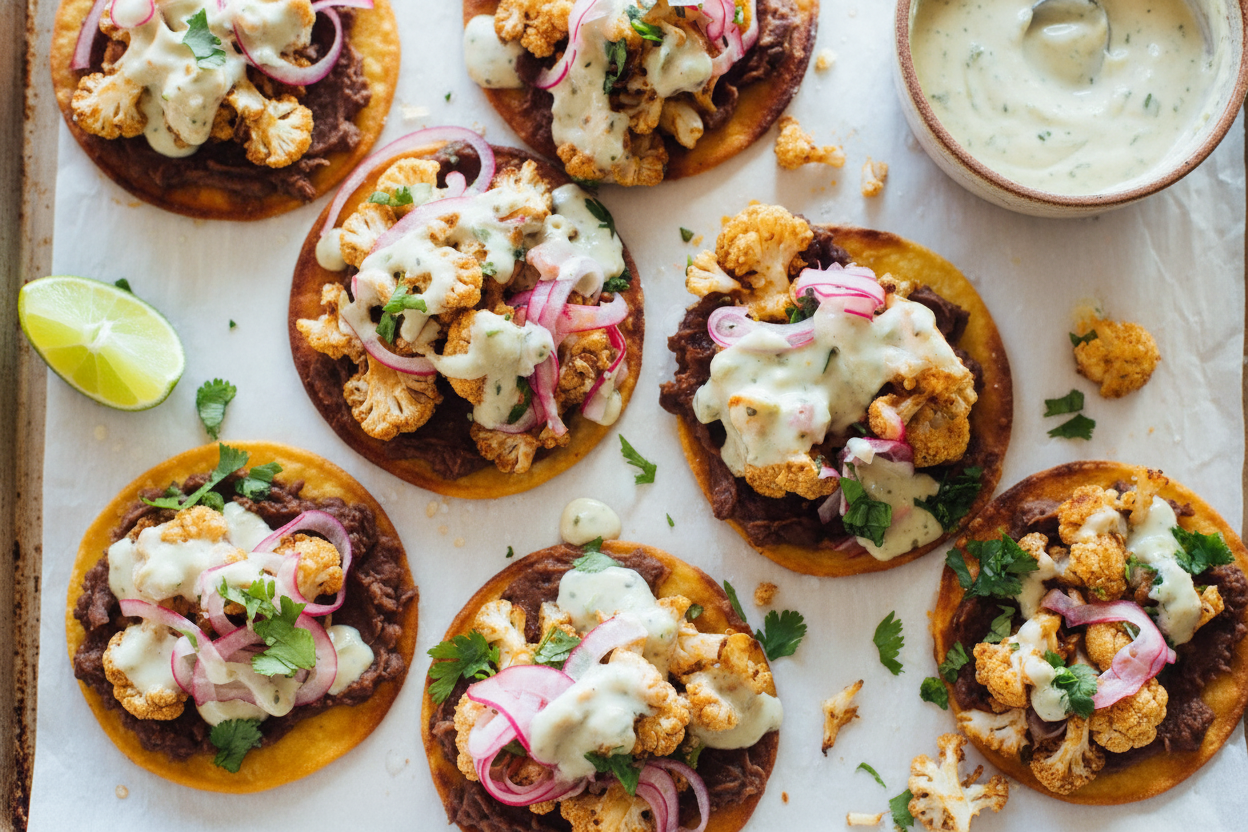 Cauliflower Black Bean Queso Tostadas Delight