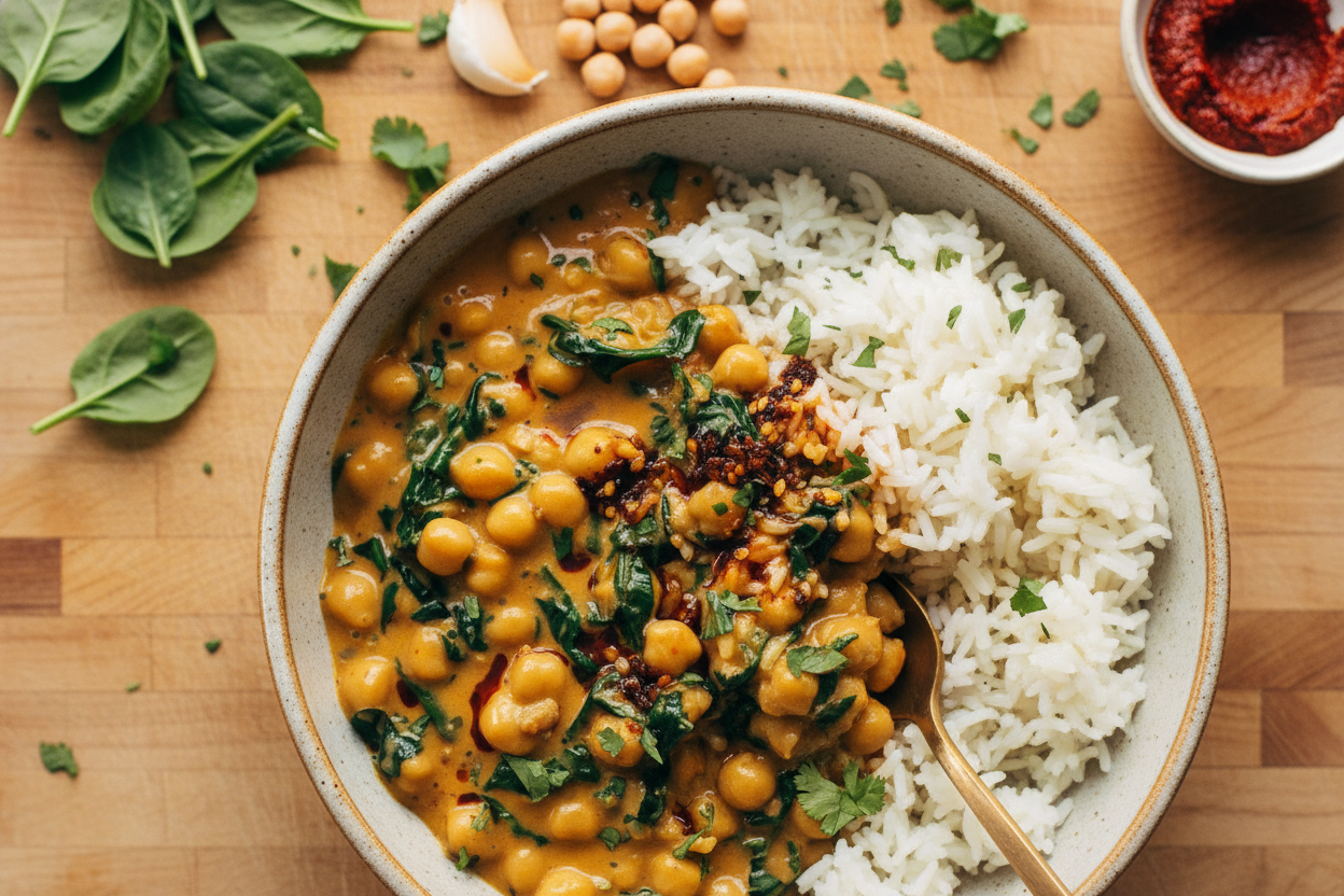 Chickpea Spinach Curry with Rice Recipe