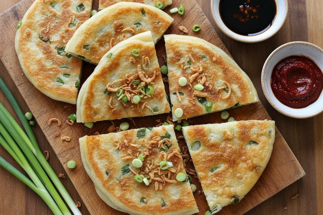 Chinese Scallion Pancakes with Crispy Shallots