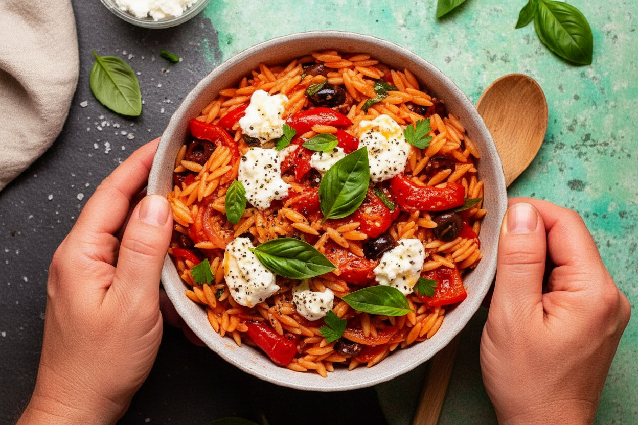 Creamy Goat Cheese Risoni with Roasted Peppers