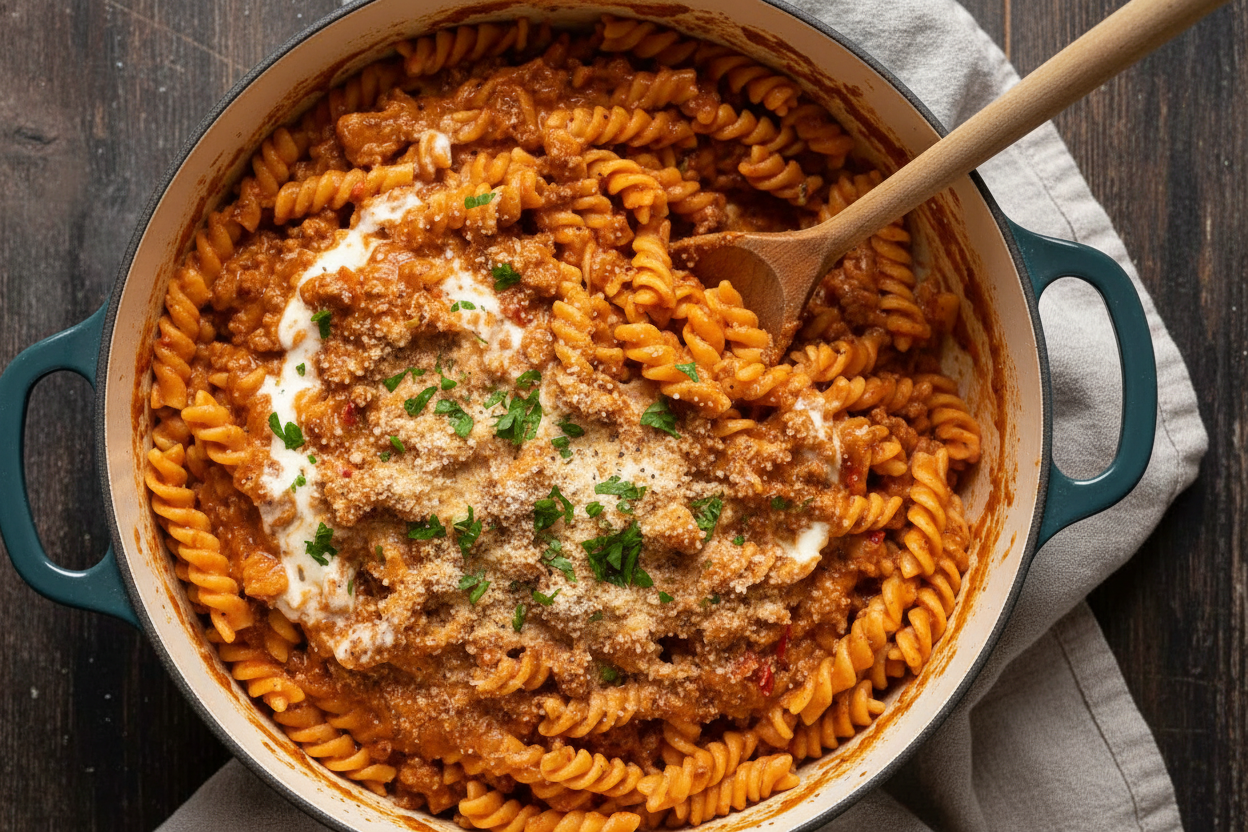 Creamy Tomato Beef Pasta in One Pot