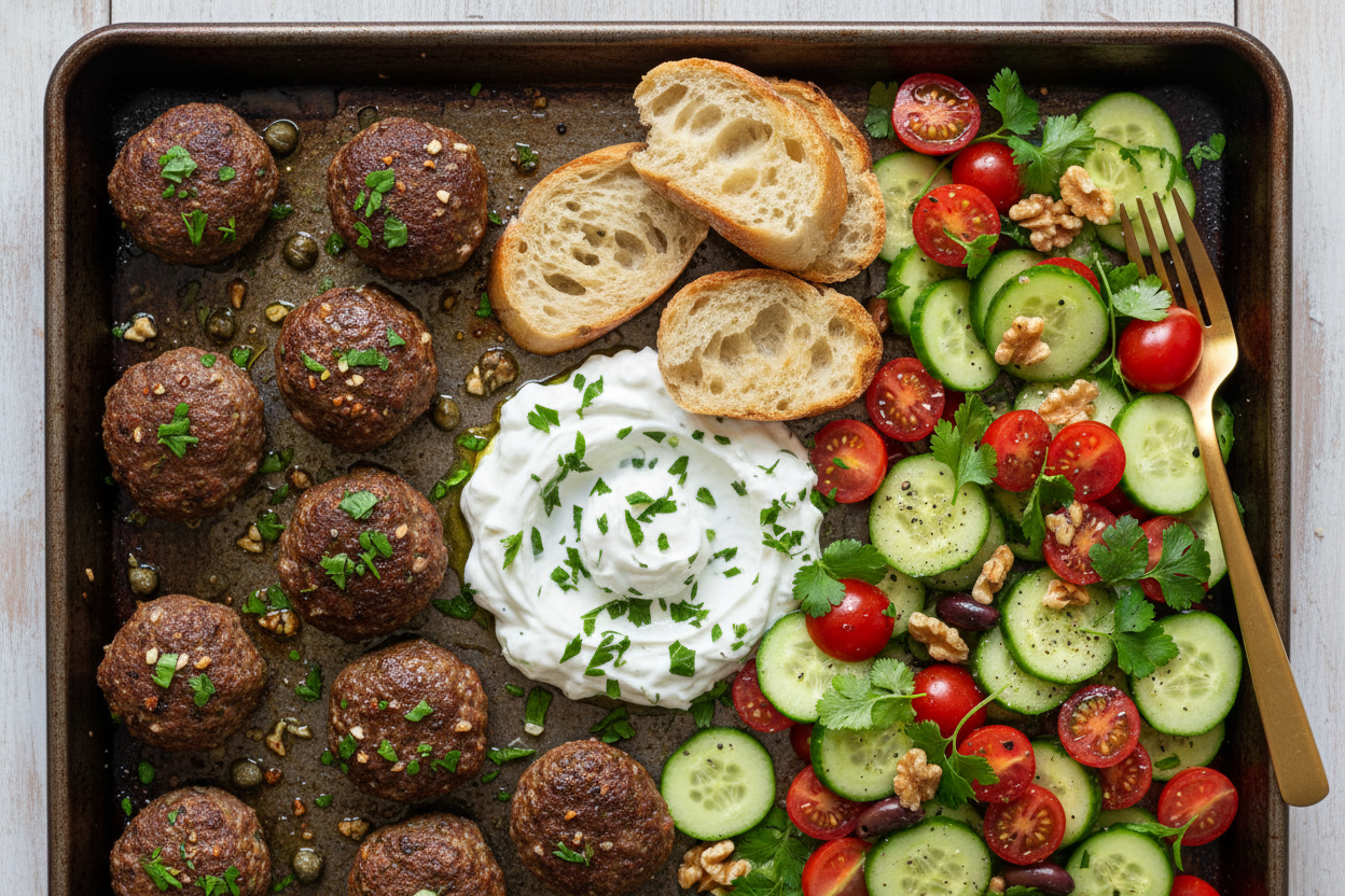 Savory Sheet Pan Meatballs with Fresh Tomato Salad