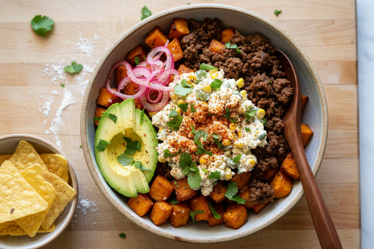Savory Street Corn Beef Sweet Potato Bowl