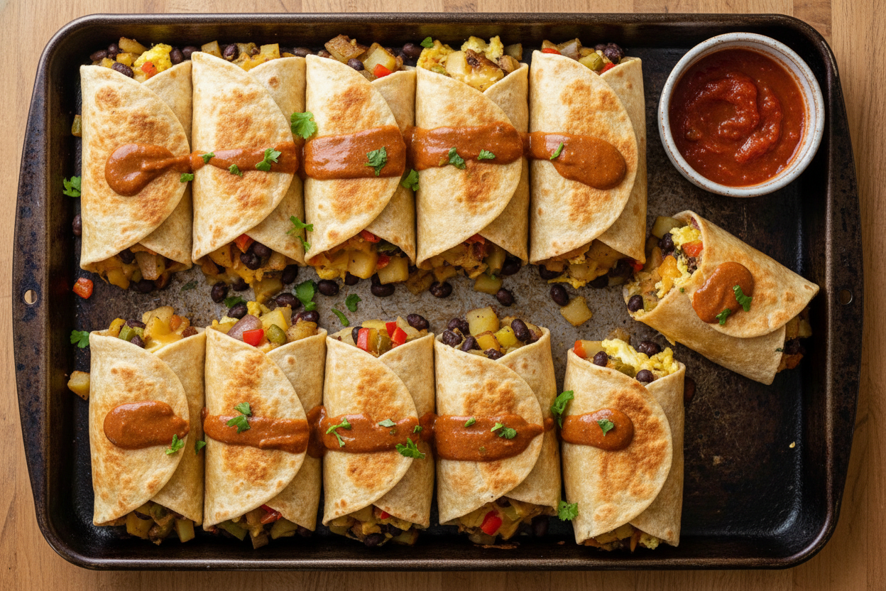 Sheet Pan Breakfast Burritos with Chipotle Sauce