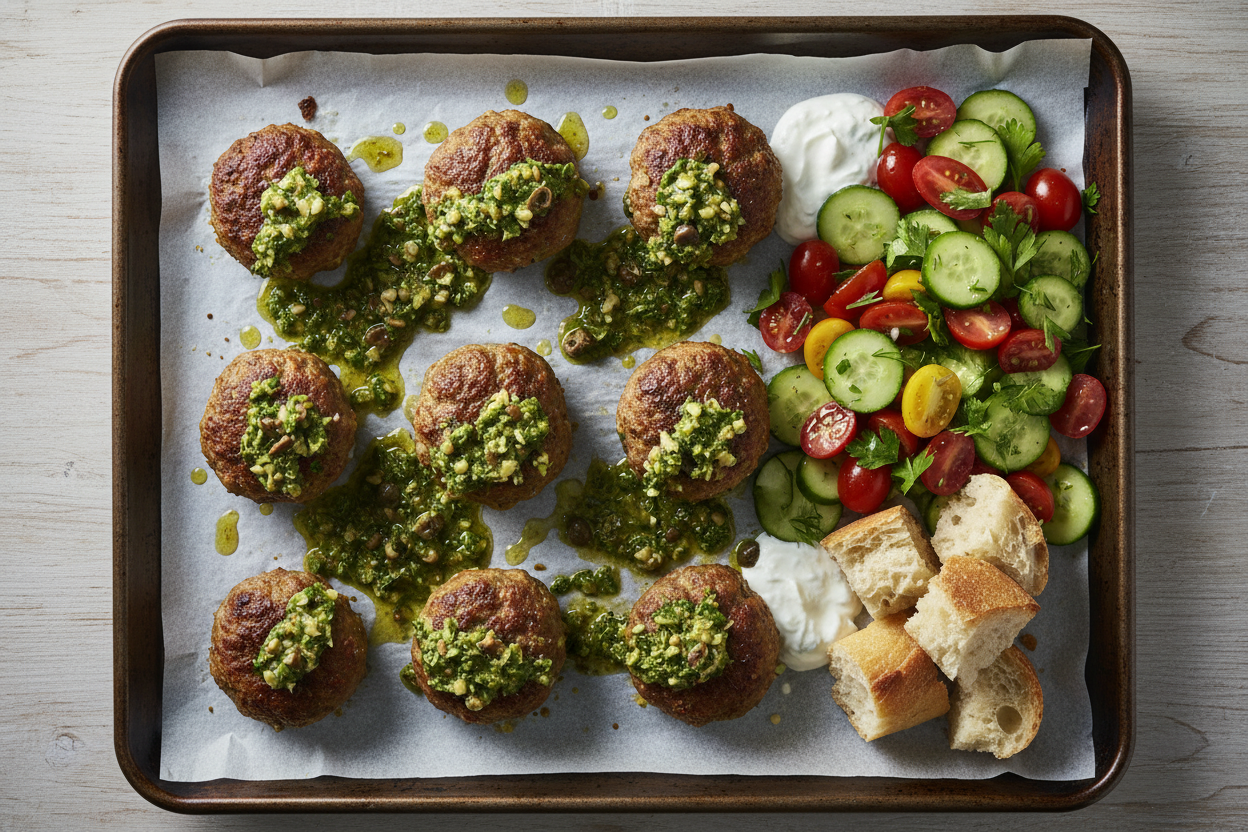 Sheet Pan Meatballs with Fresh Tomato Salad