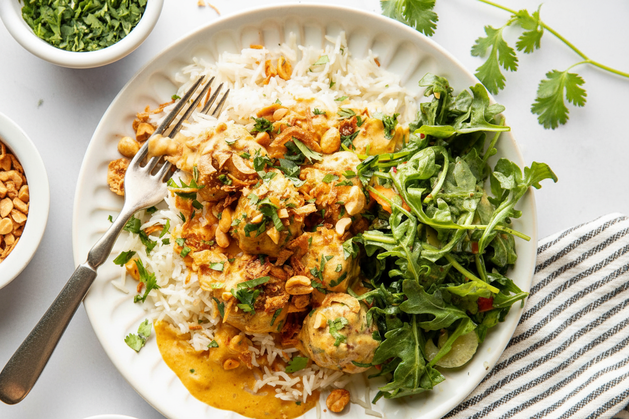 Yellow Curry Meatballs with Crunchy Peanut Topping