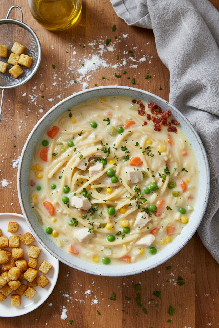 Creamy Chicken Noodle Soup with Croutons