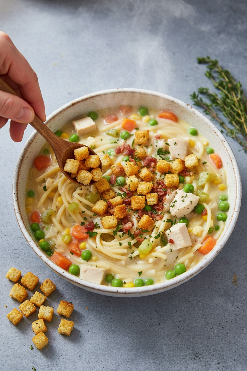 Creamy Chicken Noodle Soup with Croutons