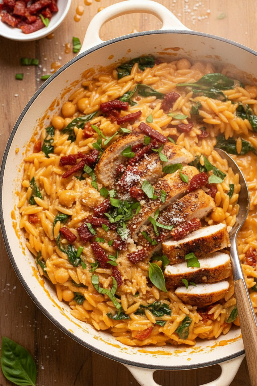 Crispy Salami One-Pot Chicken Risoni Delight