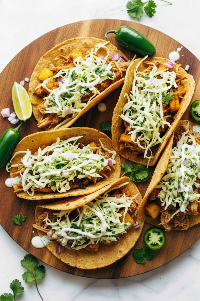 Hawaiian Chicken Tacos with Jalapeño Slaw