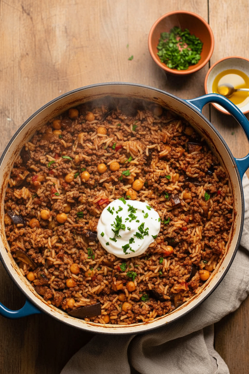 Moussaka-Inspired One-Pot Beef Rice Pilaf