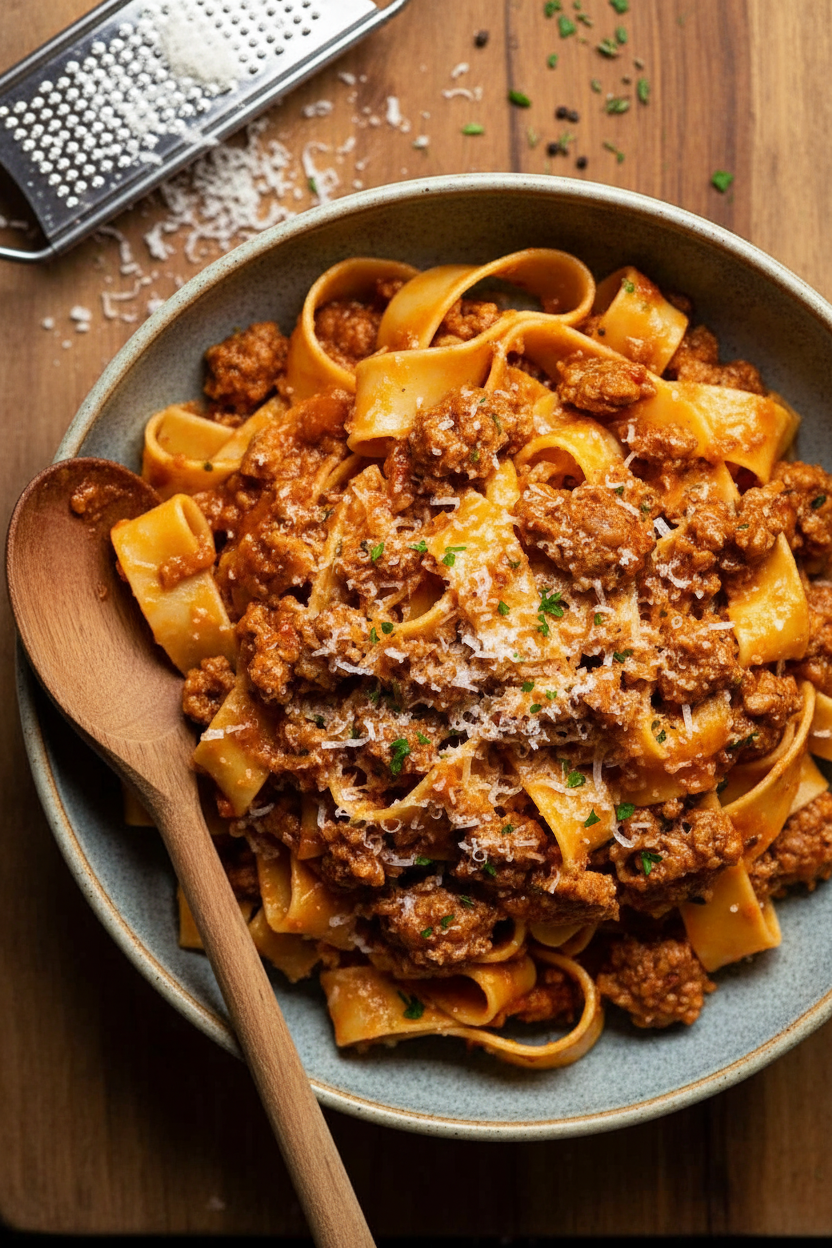 Sausage Ragu atop Pappardelle Pasta Delight