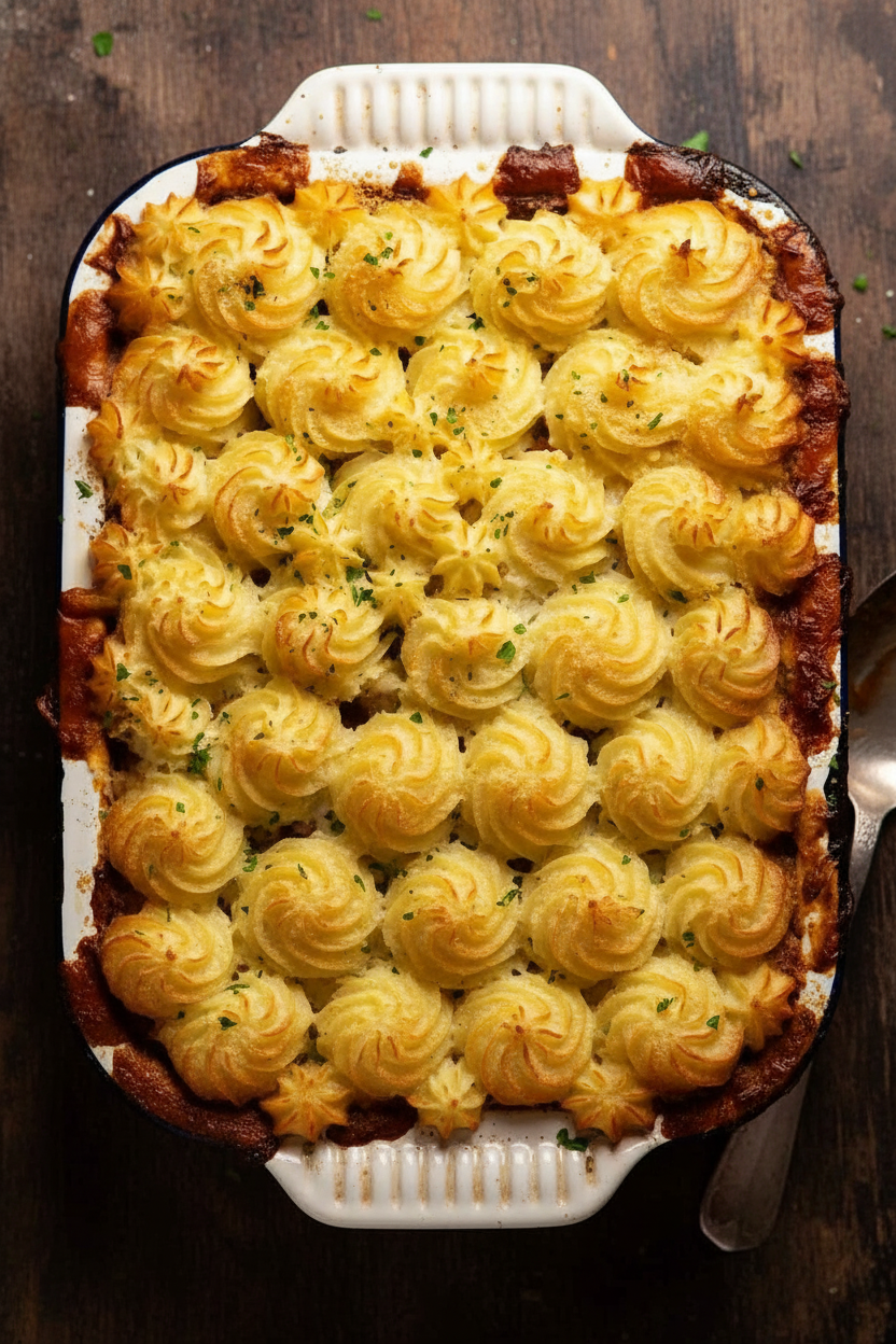 Savory Chicken Mushroom Pie with Duchess Potatoes