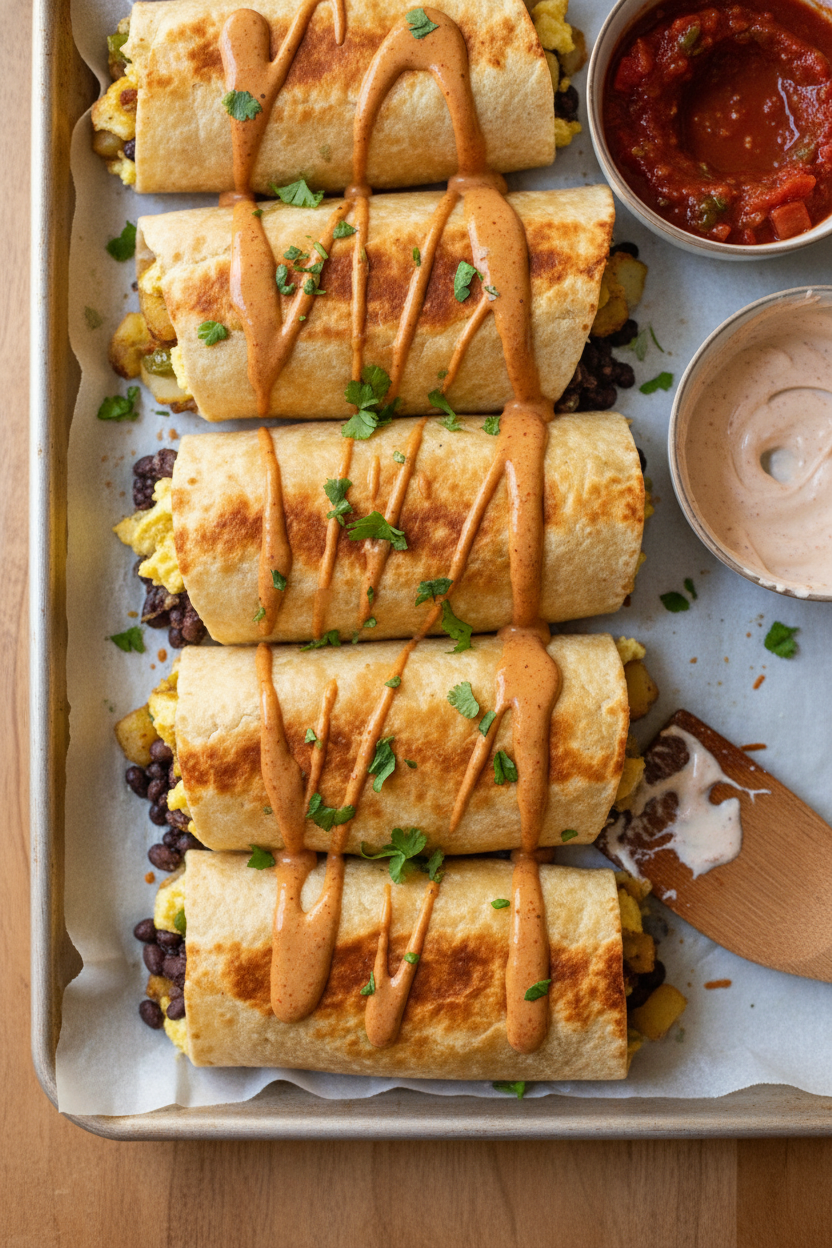 Sheet Pan Breakfast Burritos with Chipotle Sauce