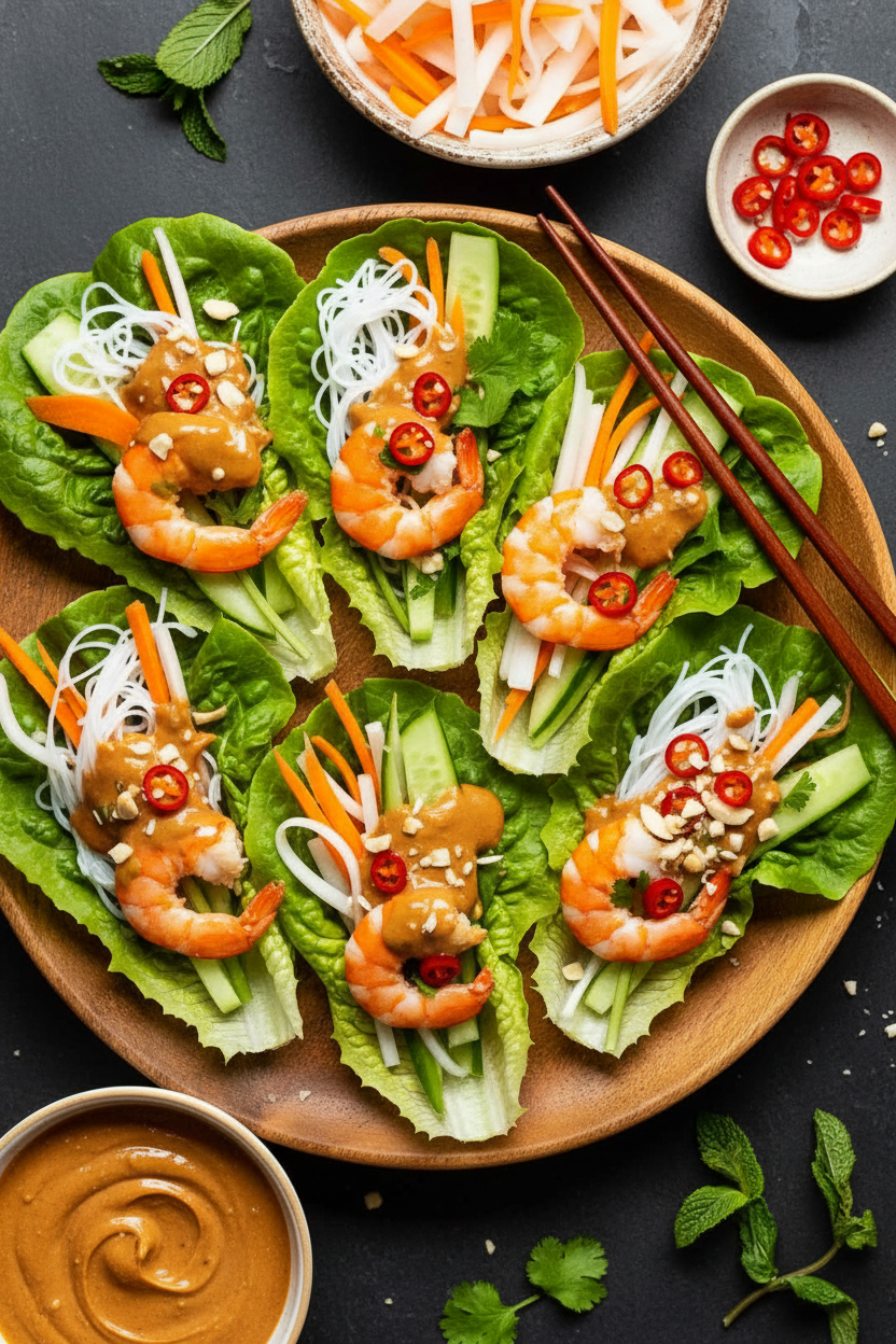Vietnamese Lettuce Wraps with Peanut Sauce Delight