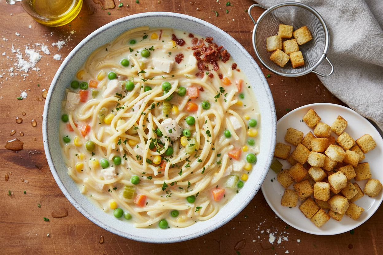Creamy Chicken Noodle Soup with Croutons