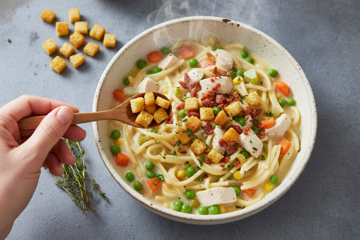Creamy Chicken Noodle Soup with Croutons