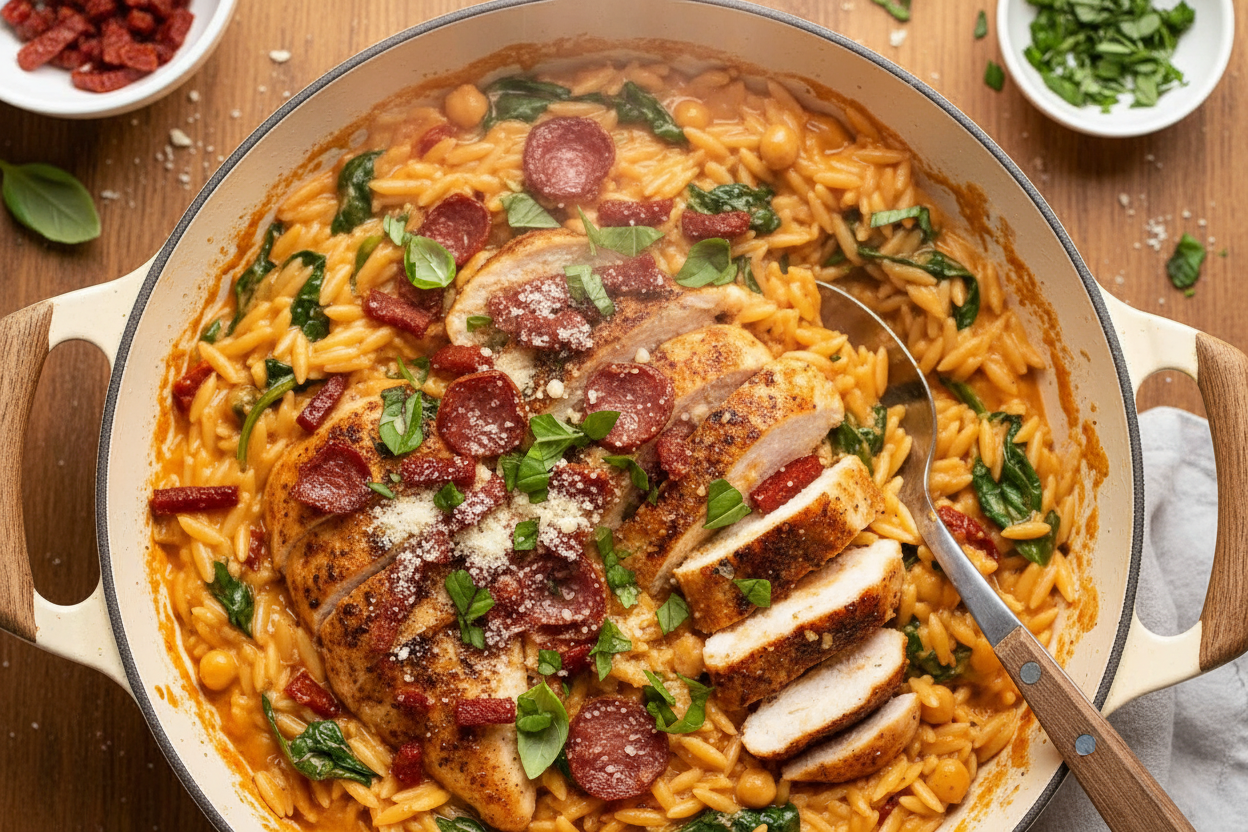 Crispy Salami One-Pot Chicken Risoni Delight