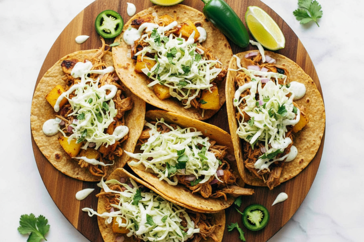 Hawaiian Chicken Tacos with Jalapeño Slaw