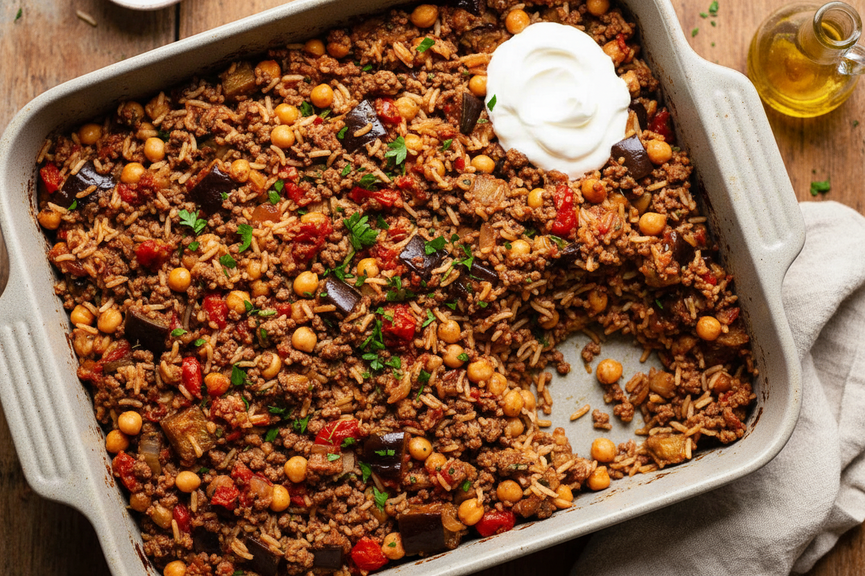 Moussaka-Inspired One-Pot Beef Rice Pilaf