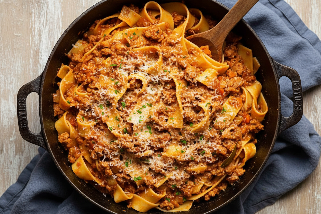 Sausage Ragu atop Pappardelle Pasta Delight