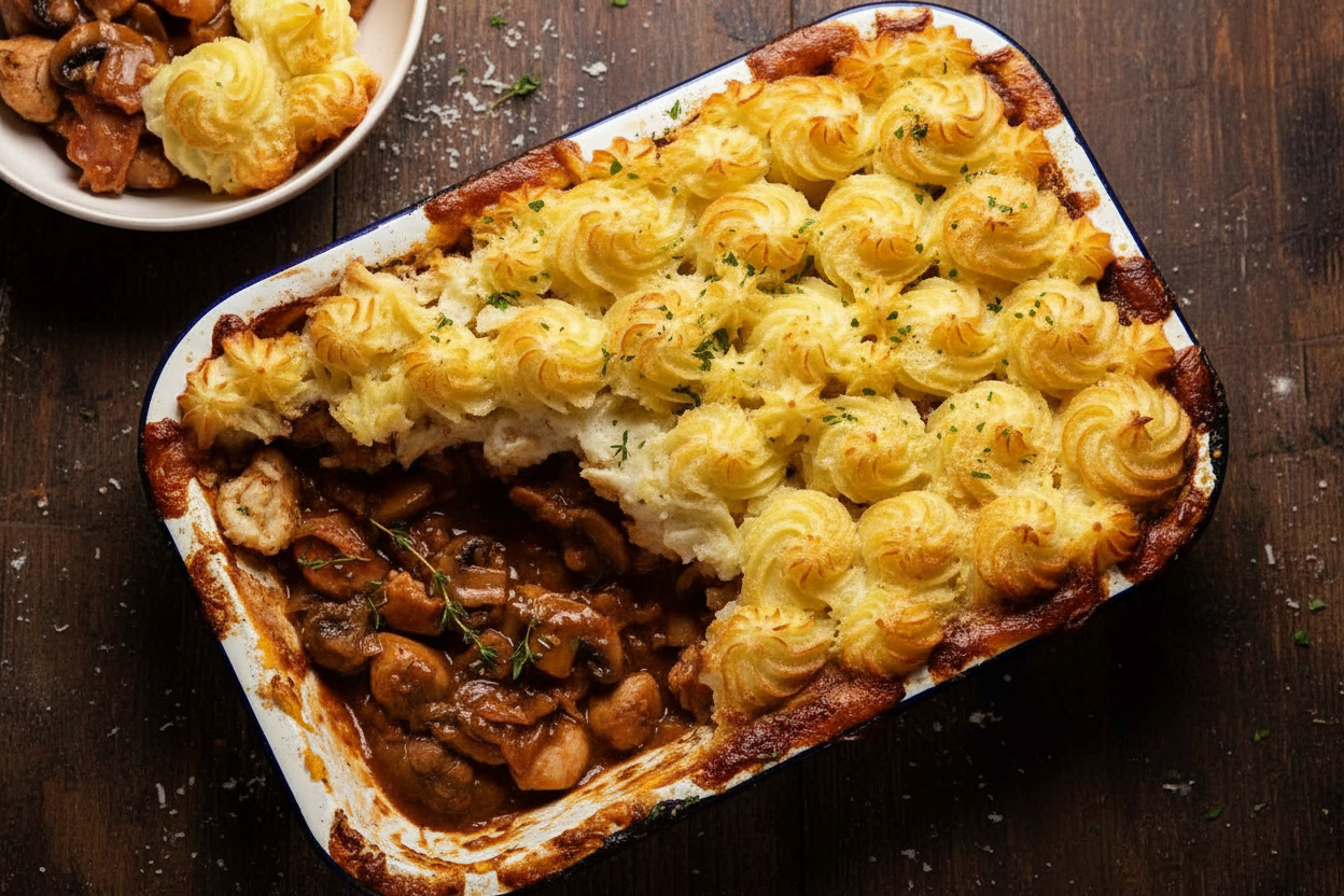 Savory Chicken Mushroom Pie with Duchess Potatoes
