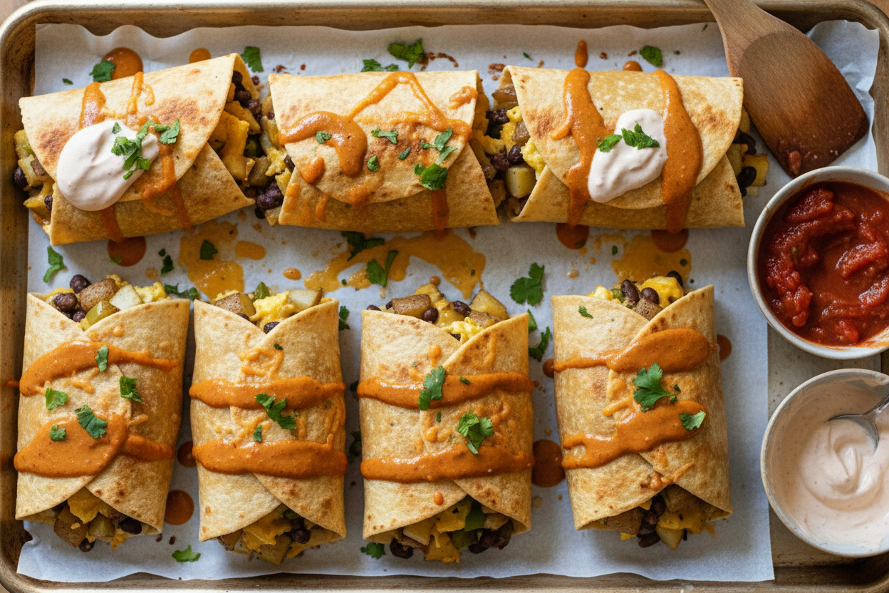 Sheet Pan Breakfast Burritos with Chipotle Sauce