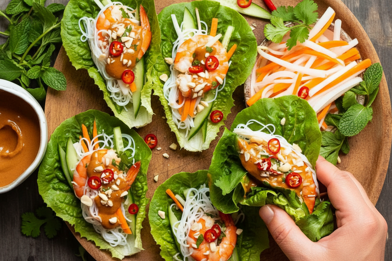 Vietnamese Lettuce Wraps with Peanut Sauce Delight